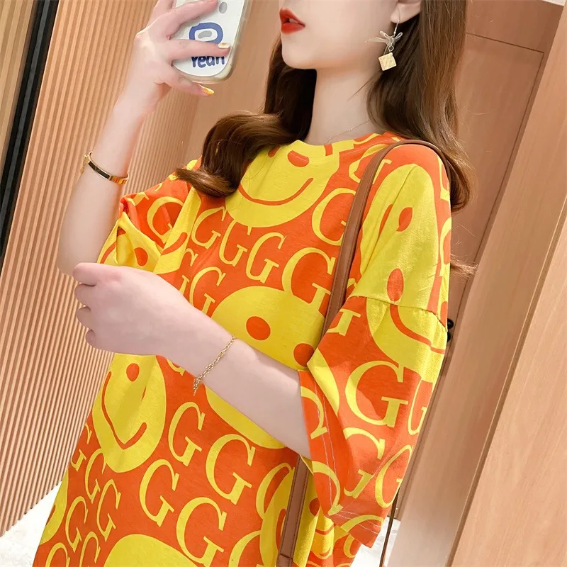 

Smile Print Short Sleeve T-Shirt Women's New Summer Loose Mid-Length Cool T-Shirt Top Fashion Versatile Women's Clothes