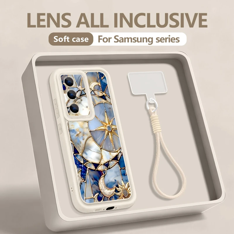 Фото Чехол для телефона с ремешком на запястье для Samsung Galaxy S26 S24 S25 Ultra S23 S25 FE A57 A17 A56 A16 A55 A54 A15 A25, ретро-дизайн с луной и звездами №2