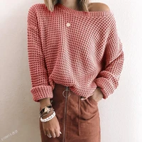 2021 casual pullover temperament womens autumn and winter solid color loose diagonal collar top long sleeve knitted sweater