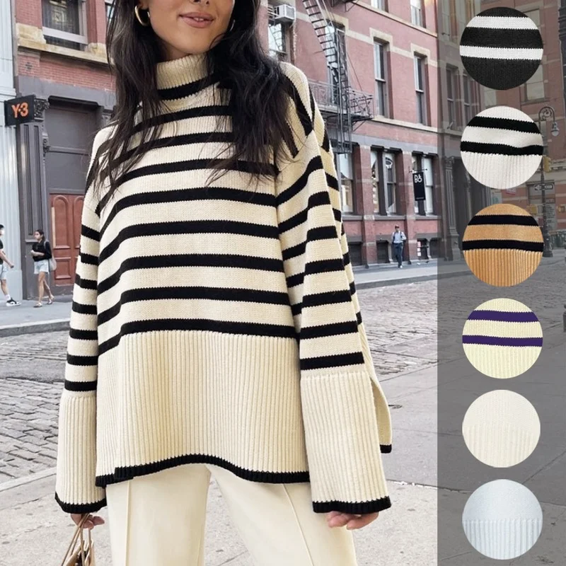 

2022 Autumn and Winter New Women's High Neck Striped sweater Knitted Striped Slit Sweater Top Oversized Hoodie Clothing