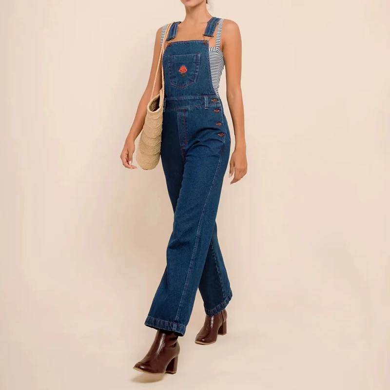 

2023 Spring and Summer New Rose Embroidery Backless Denim Overalls Women