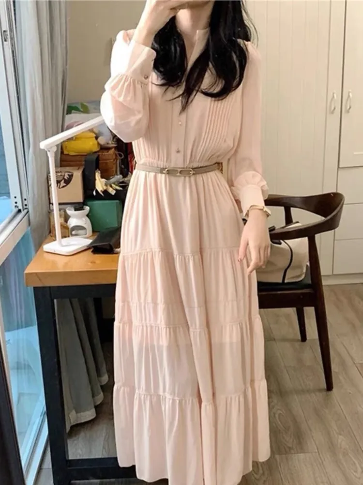 

Женское Элегантное Длинное платье с поясом, розовое однобортное французское винтажное облегающее платье-трапеция с О-образным вырезом и оборками, осень 2023