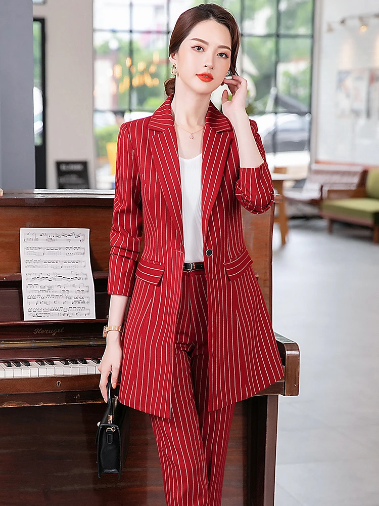 Women Striped Formal Pant Suit Office Ladies Black Red Female Slim Long Blazer Jacket And Trouser 2 Piece Set For Work Wear