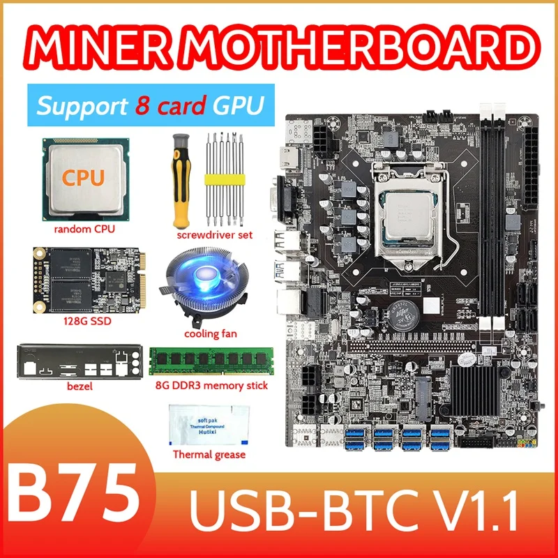 B75 8 Card Mining Motherboard+CPU+Fan+Thermal Grease+8G DDR3 RAM+128G SSD+Screwdriver+Bezel 8XUSB3.0 GPU LGA1155 MSATA