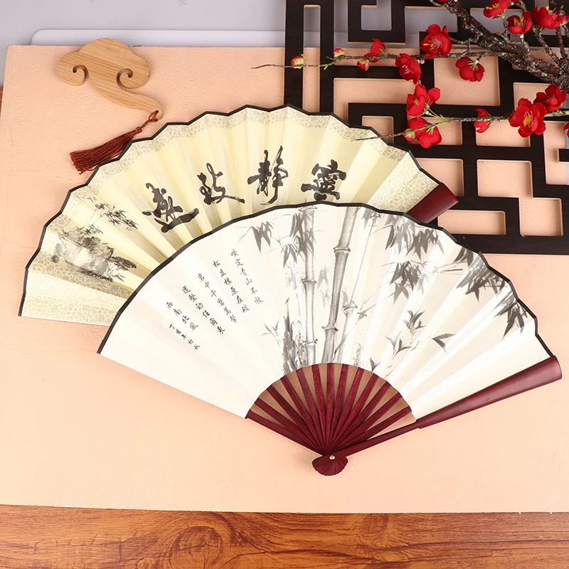 

1Pc Chinese Style Retro Folding Silk Fan Ancient Style Silk Cloth Bamboo Fan Decorative Men Pocket Bamboo Handle Hand Fan