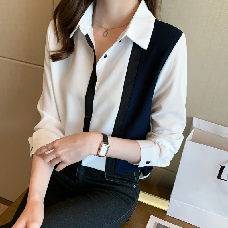 

Chiffon Women's Blouse Loose Polo Shirt Spring Summer Long Sleeve Top Clothing Casual Splicing Lady Houthion