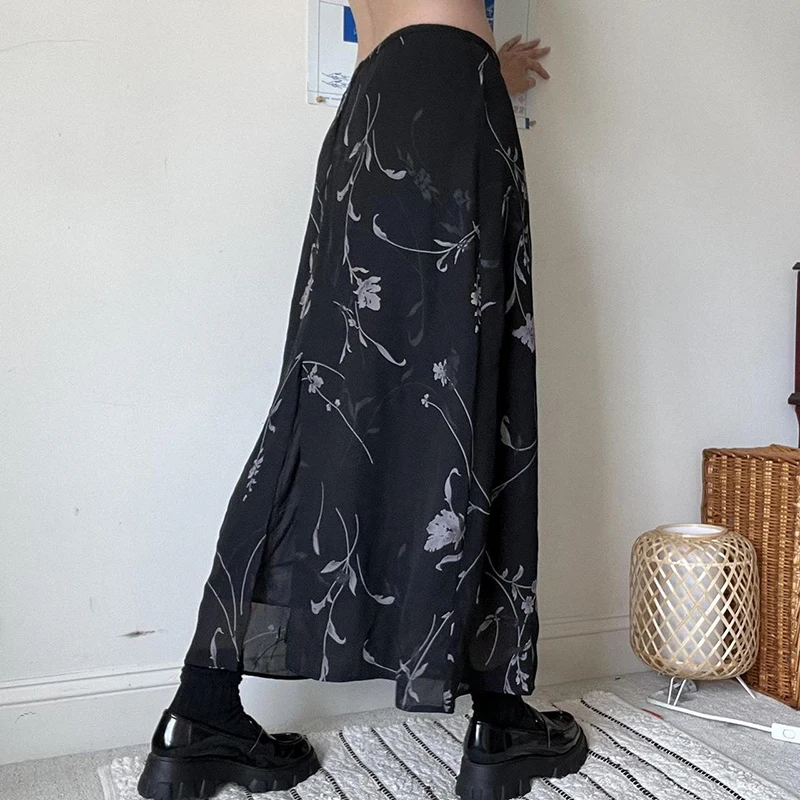 

Y2K Fairycore Vintage High Waist Long Skirt Chic Elegant Floral Print Mesh Skirts Chic Women Korean Fashion Retro Streetwear