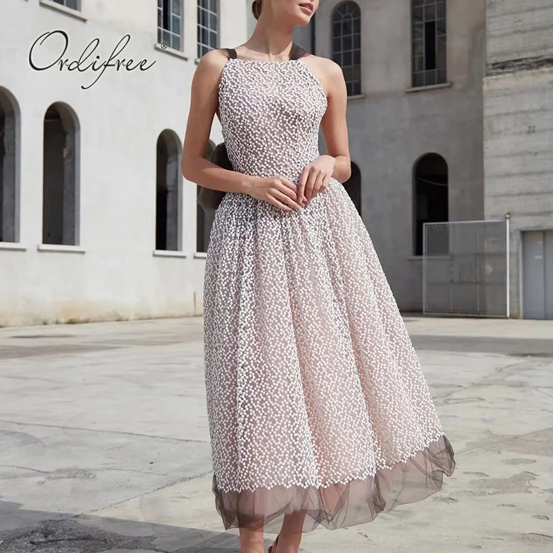 

Ordifree 2022 Summer Women Long Evening Dress Sexy Backless Polka Dot Black Tulle Maxi Dress