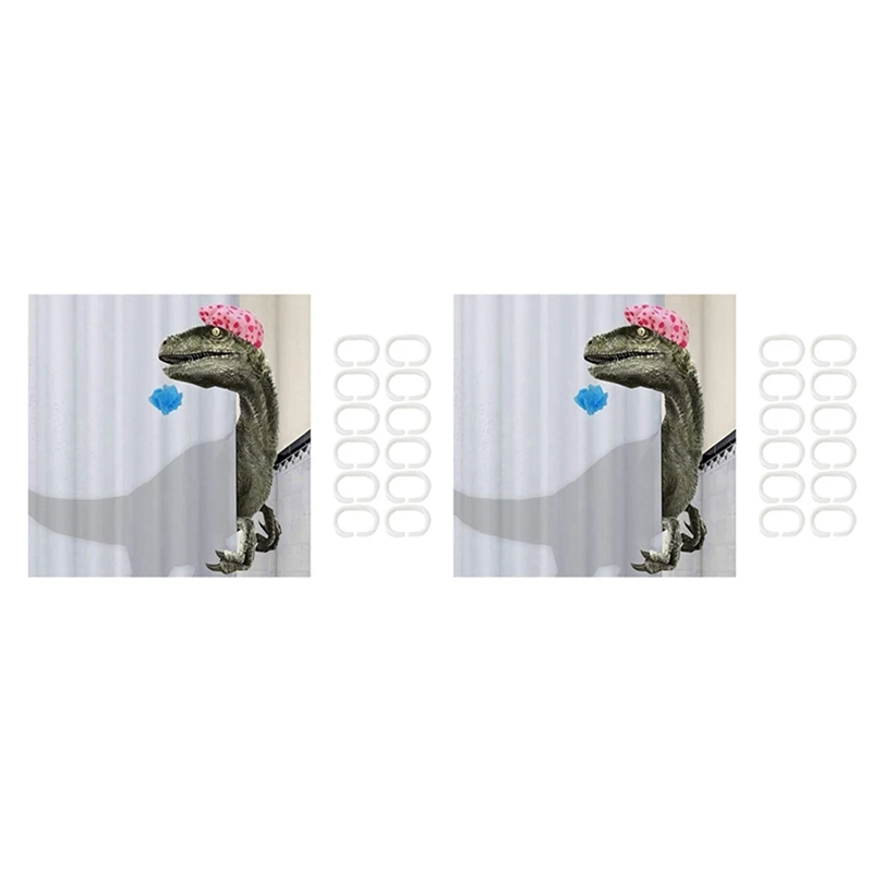 

2X Funny Dinosaur Shower Curtain Bathroom Curtain With Hook Cartoon Bathing Dinosaur Fabric Shower Curtain For Children