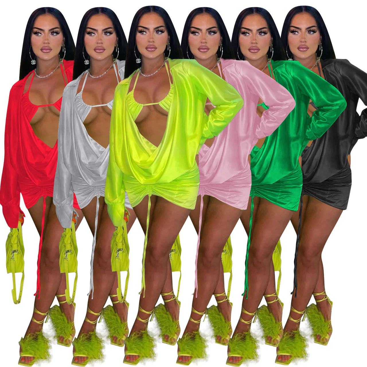 

Sexy Satin 3 Piece Skirt Sets Women Bandage Bra + Long Sleeve Drapped Neck Top Shirt + Mini Skirt Autumn Party Clubwear Clothes