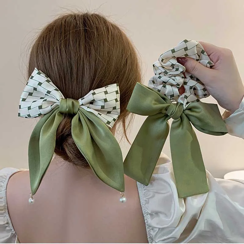 

2022 Sweet Matcha Patchwork Bow Scrunchie Elastic Hair Bands Headwear Women Girls Hairpins Clips Barrettes Hair Accessories