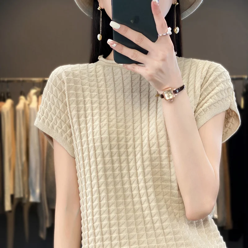

Women's Short Sleeve Sweater T-shirt New Knitted O-Neck 100% Cotton Pullover Women's Thin Summer Fashion Coat Top