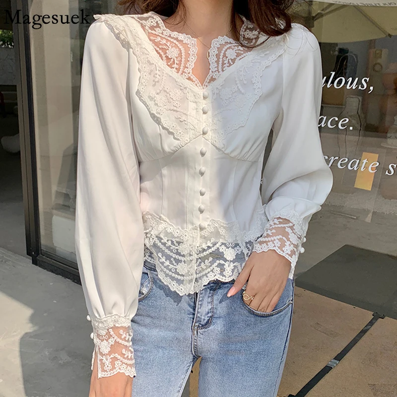 

Elegant White Shirt Slim-fit Blouse Spring V-neck Long Sleeve Top Women 2022 Sweet Lace Stitching Chiffon Blouse Women 18551
