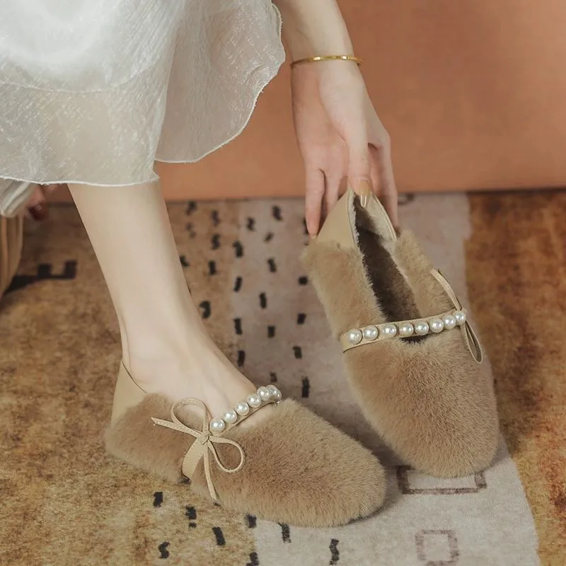 

2023 Spring and Autumn New Round Head Solid Pearl Bow Fashion Fur Women Outwear Flat Shoes Comfortable Women's Shoes