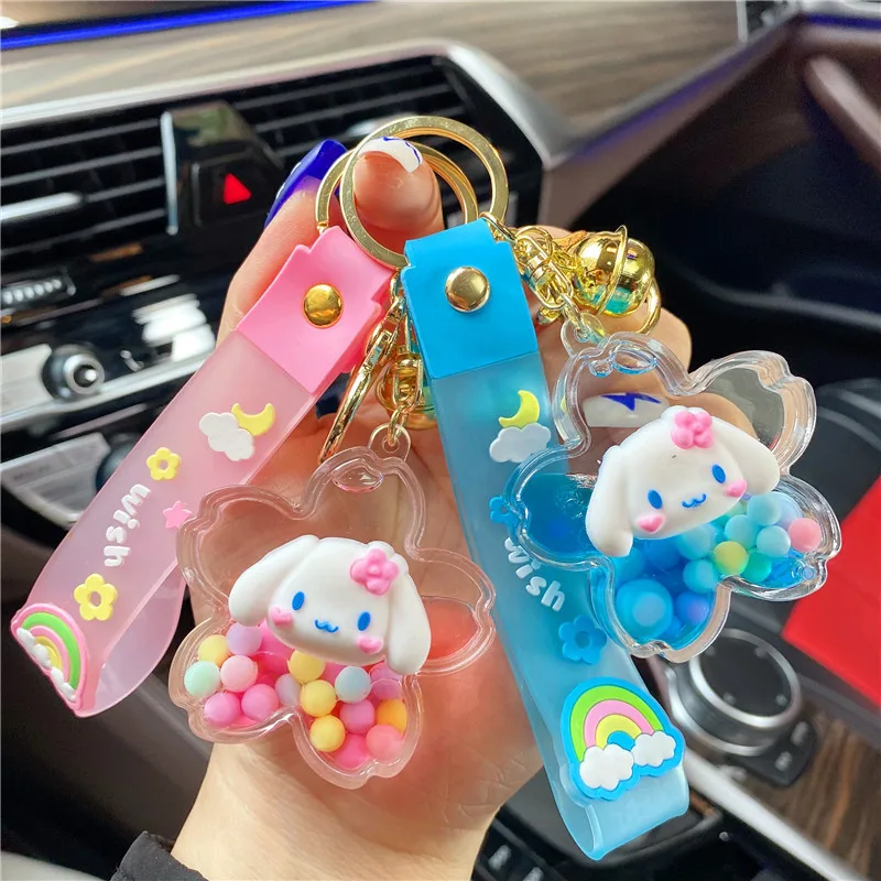 

Kawaii Cartoon Sanrios Cinnamoroll Cherry Blossom Shape Quicksand Liquid Pendant Keychain Bag Pendant Girl Gift