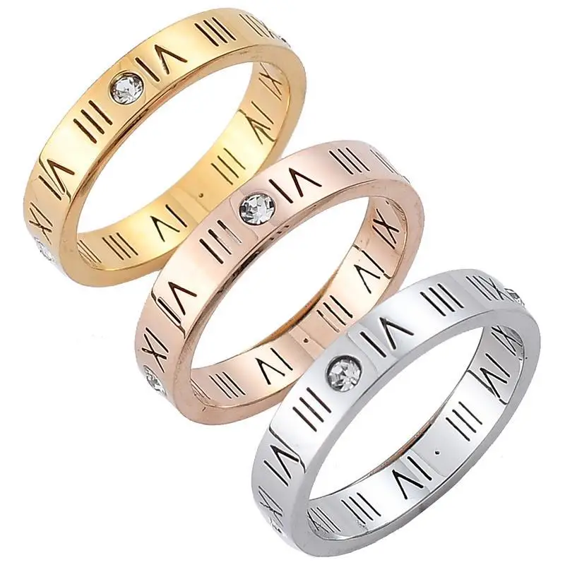 

TOOCNIPA New Stainless Steel Jewelry Zircon Roman Numeral Rings Elegant Temperament Of Hollow Out Lucky Rose Gold Plating Ring