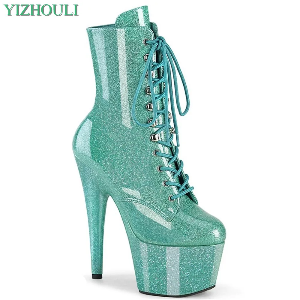 Sexy model 17cm/7Inches High Heels Women's Ankle Boots Shoes Round Head Sequined Vamp High-heeled Boots Party Pole Dancing Boots
