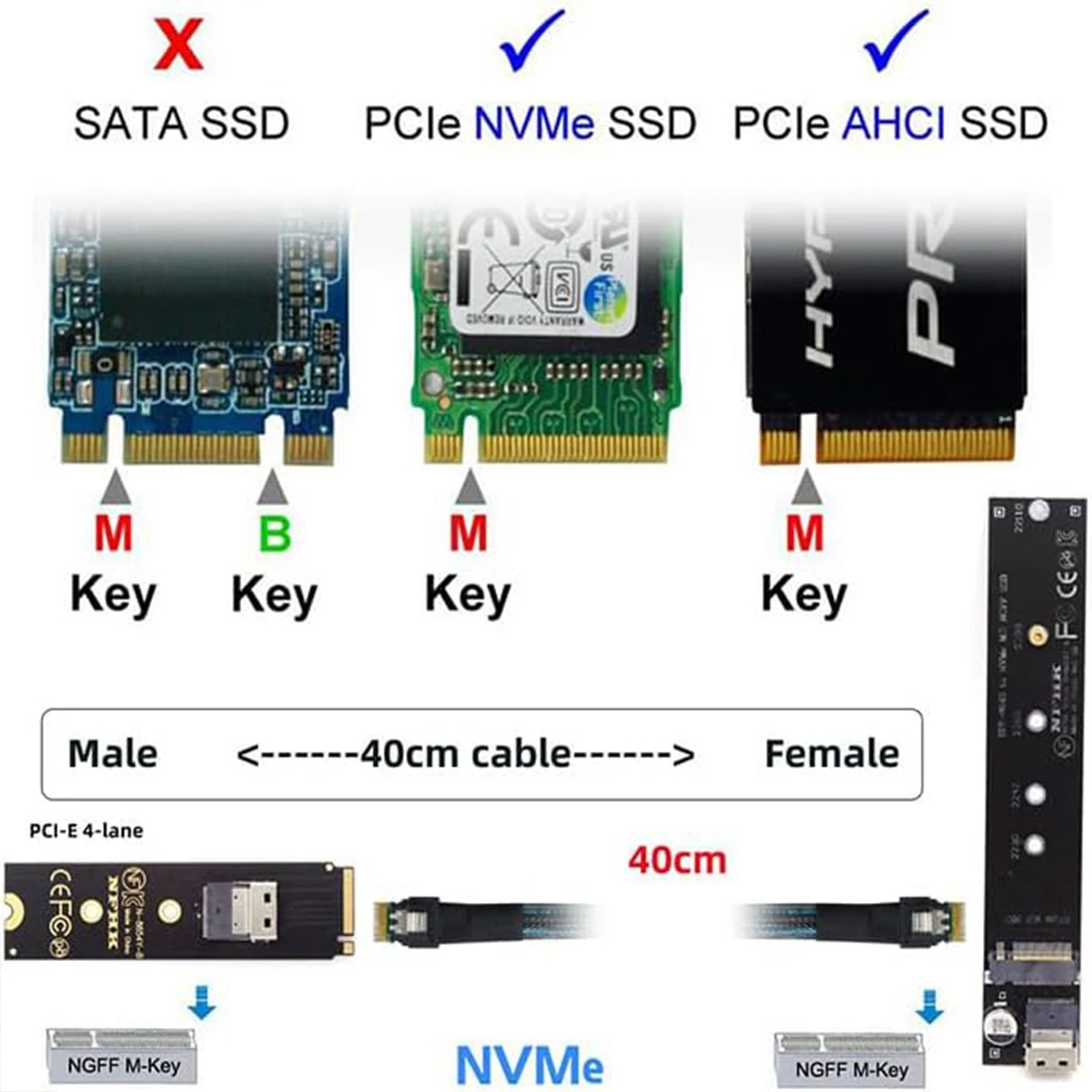 Кабель-удлинитель NGFF M.2 NVME M-Key SSD (штекер-гнездо) 40 см с адаптером SFF-8654 для материнской платы SSD 228022110-A79U (art.: 3920d9e706fbb) - 3920d9e706fbb