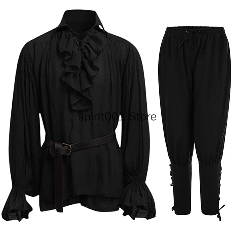 

Medieval Vikings Shirts Ruffled Gothic Steampunk Victorian Pirate Cosplay Costume Mens Tops Pants Lacing Up Shirt Larp Vintage