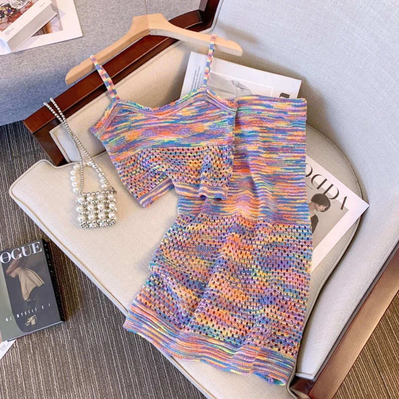 

Rainbow Stripe Contrast Top Skirt 2 Set Women Sexy Summer Aura Hollow Strap Elastic Contrast Color Holiday Beach Wrap Hip Skirts