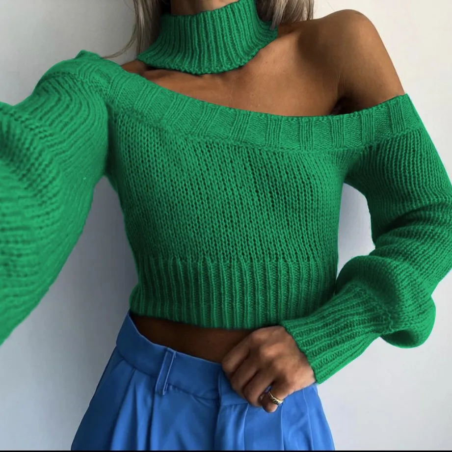 

Women's Cropped Sweater Drop Shoulder Asymmetrical Knitwear Long Sleeve Solid Color Mock Neck Pullover Top Fall Winter Pullovers