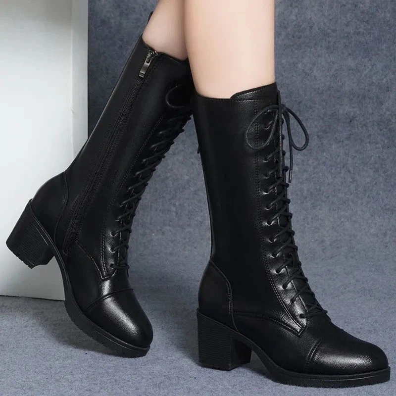 

High Heel Thick Heel Thick Sole Medium Boots 2022 Autumn Winter New British Style Waterproof Platform Side Zipper Fashion Boots