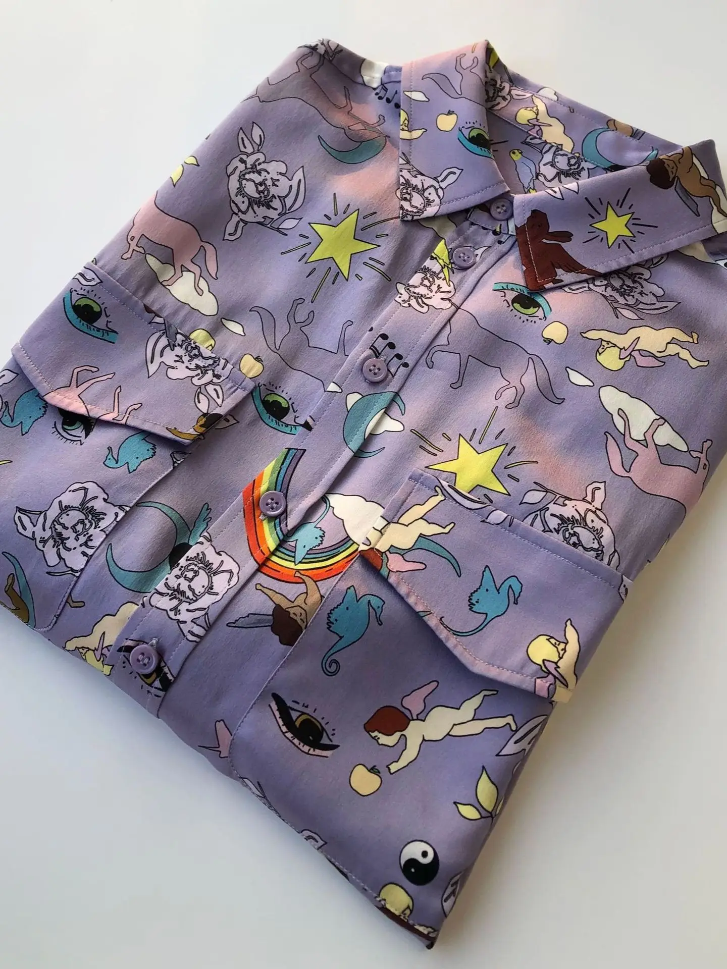 Женская блузка с длинным рукавом из 100% шелка радужным принтом ангела Мягкая