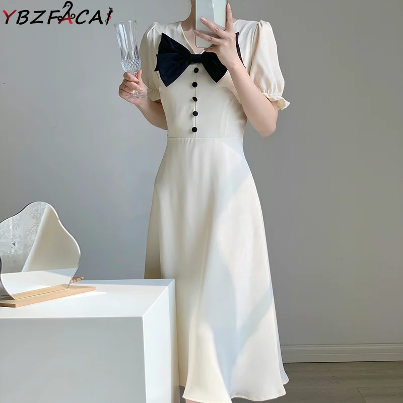 

Summer Simple White Dress Women French Elegant Bow V-Neck High Waist A-Line Dress High Quality Hepburn Puff Sleeve Apricot Dress