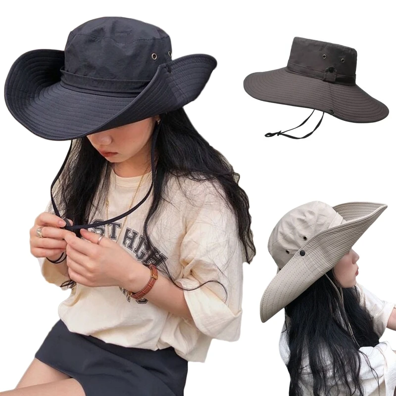 

Outdoor Wide Brim Fisherman Hat with Chin Strap Men Women Foldable Cowboy Hat Fishing Sun Protection Cap for Vacation Holiday