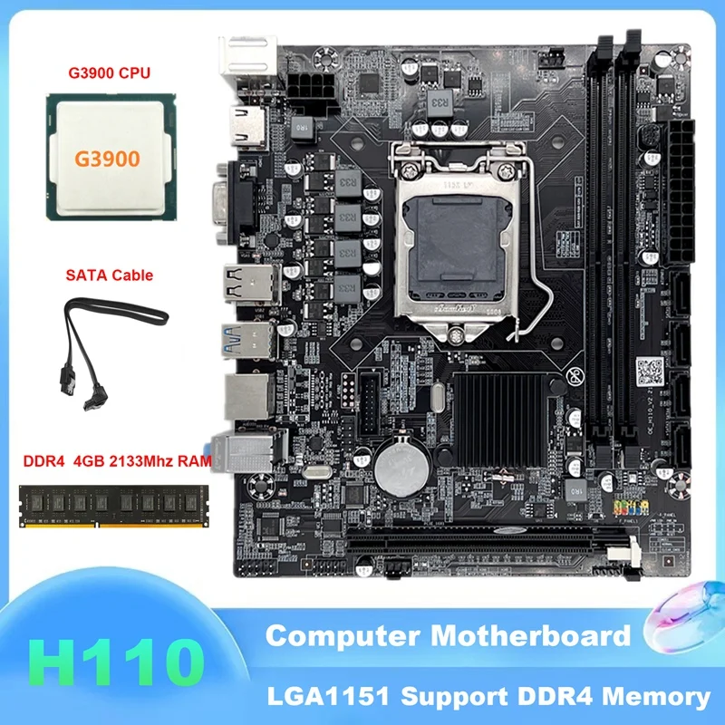 H110 Computer Motherboard LGA1151 Supports Celeron G3900 G3930 Series CPU With G3900 CPU+DDR4 4GB 2133Mhz RAM+SATA Cable