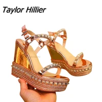 rivet wedges sandals waterproof super high heel summer women shoes ankle buckle round open toe cut out gold sandals
