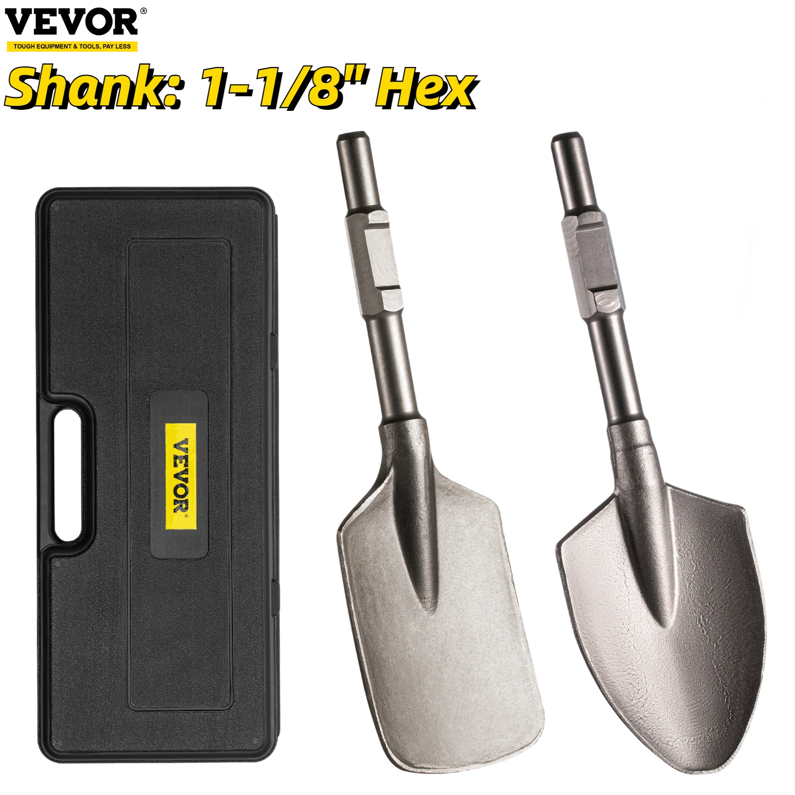 

VEVOR Clay Spade Scoop Shovel Bit 1-1/8Inch Hexagon Rotary Jack Hammer Shank Chisel Bits with Case Long-Handle Digging Shovel