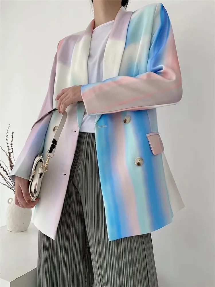 za Women 2023 Fashion Double Breasted Tie-dye Print Blazer Coat Vintage Long Sleeve Pockets Female Outerwear Chic Tops jacket