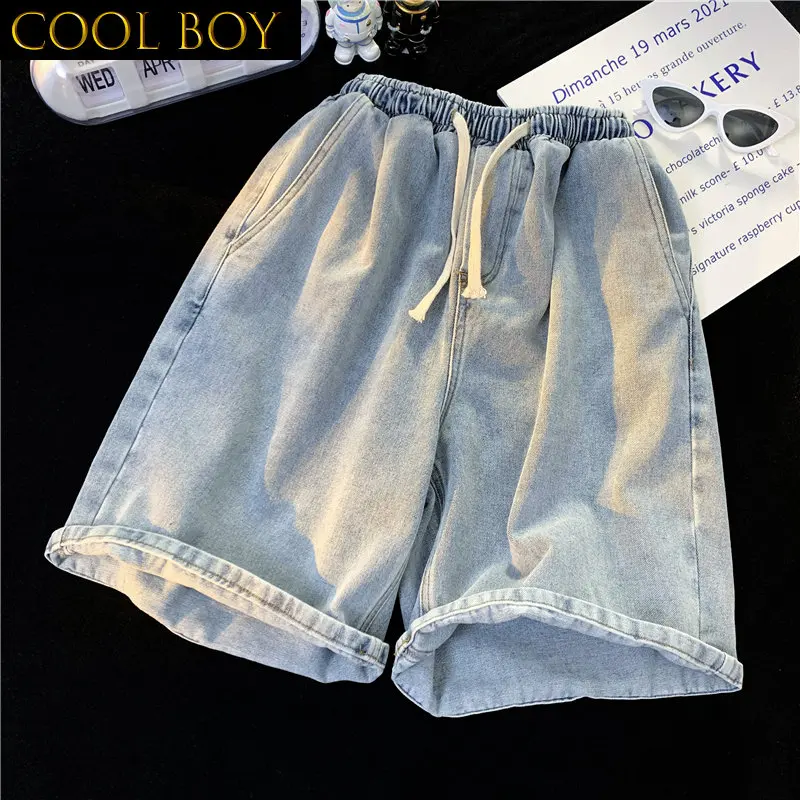 

J GIRLS Summer Men's Casual Jeans Shorts Simple Drawstring Knee Length Short Denim Pant Blue Black Bermuda Shorts for Male