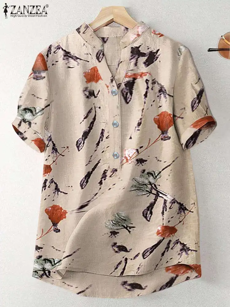 

ZANZEA Short Sleeve V-Neck Tops Women Summer Floral Print Blouse Bohemian Femme Fashion Casual Oversize Holiday Beach Shirt 2022