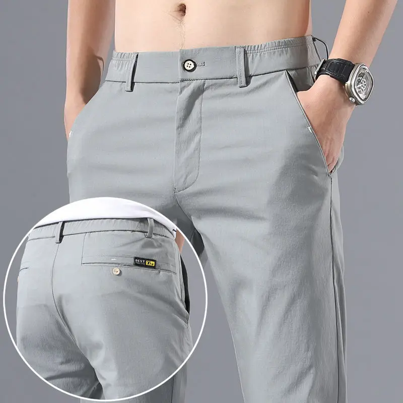 

2023 New Men's Slim Fit Ice Silk Chinos & Khakis Trousers Spring and Summer Trendy High-End Stretch Business Casual Pants