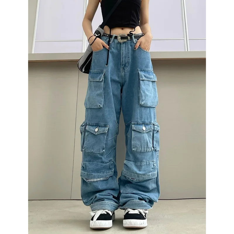 

Multi-Pocket Blue Washed Cargo Pants Y2k Retro High Street Fashion High Waist Jeans Couple Harajuku Simple Casual Wide Leg Pants