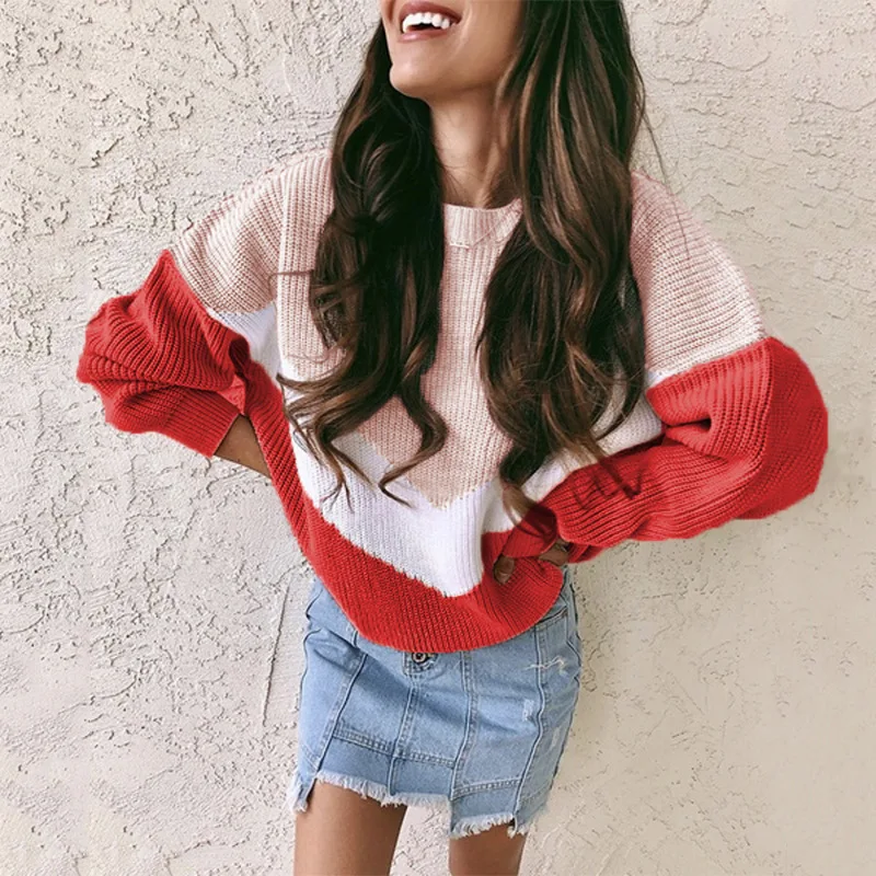 

2021 Fall/winter Loose Knitted Sweater Women Pullover Long Sleeve Women Pullover Sweater Casual Color Block Striped Sweater