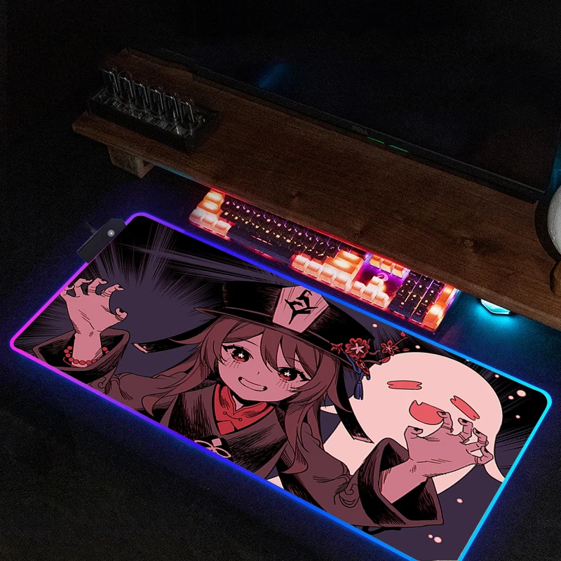 

Светодиодный коврик для мыши Hu Tao Rgb, игровой компьютерный коврик для мыши, аксессуары для рабочего стола, большой коврик для мыши, подсветка