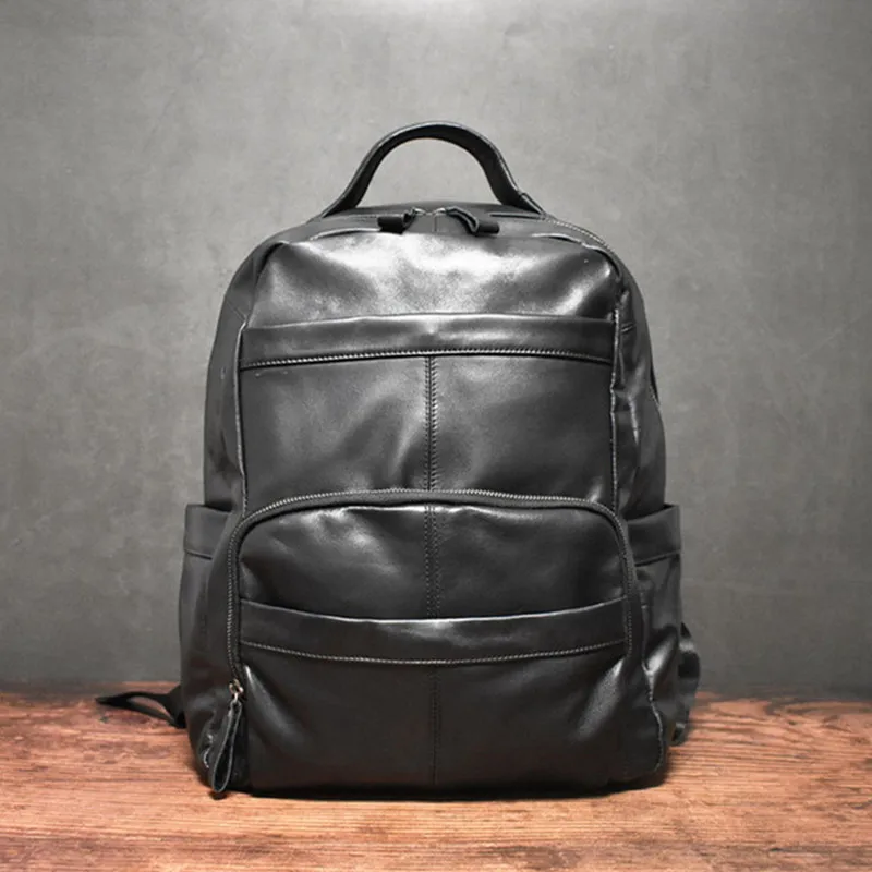 Retro casual designer first layer leather men black school bag outdoor daily travel large-capacity laptop multifunction backpack