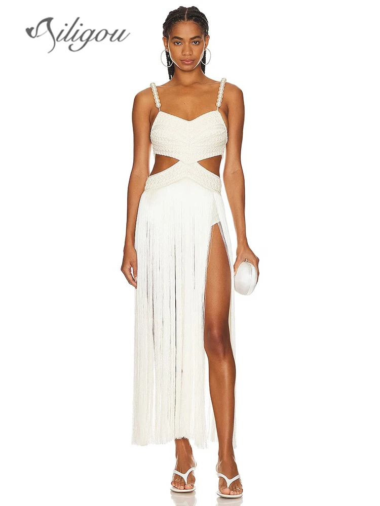 

Новинка 2023, женское облегающее длинное платье Ailigou без рукавов с жемчужным поясом и V-образным вырезом, элегантное сексуальное Клубное вечернее платье с вырезами