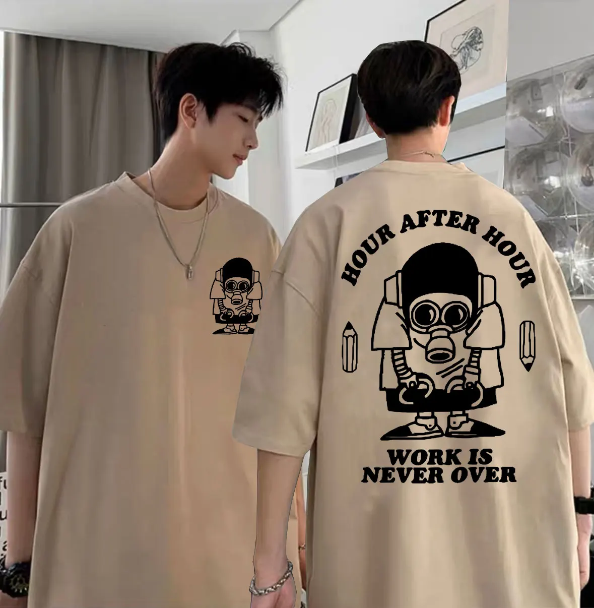 

Hot-blooded Action Sci-fi Comedy Adventure Hour After Hour Work Is Never Over Print T-shirts Men Anime Funny Oversized T Shirt