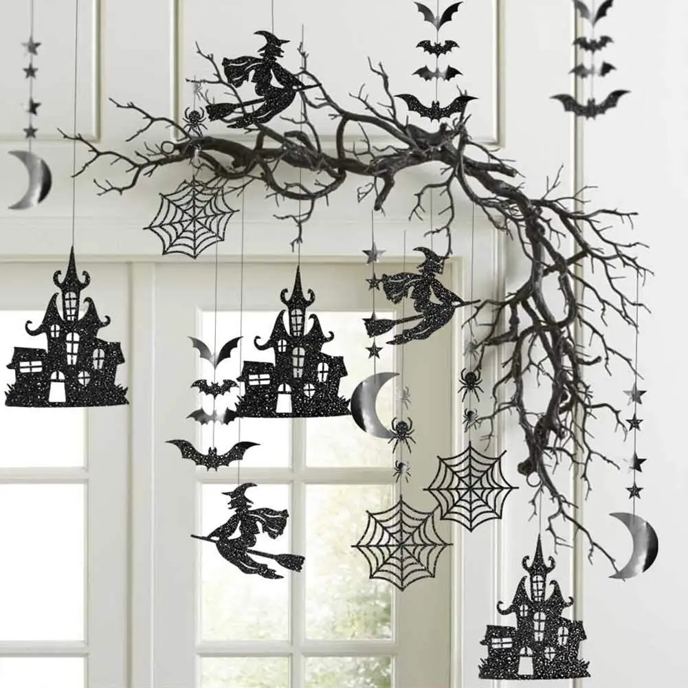 

Black Halloween Party Hanging Garland Bunting Decorations Hanging Witch Bat Spider Haunted House Star Moon Streamers Backdrop