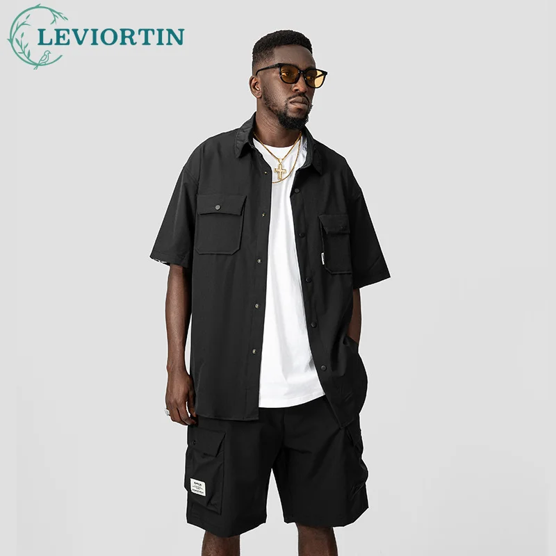 Summer Men 2Pcs Outfit Oversized Cargo Shirts Streetwear 2023 Button Up Short Sleeve Military Style Shirt And Shorts Casual Suit