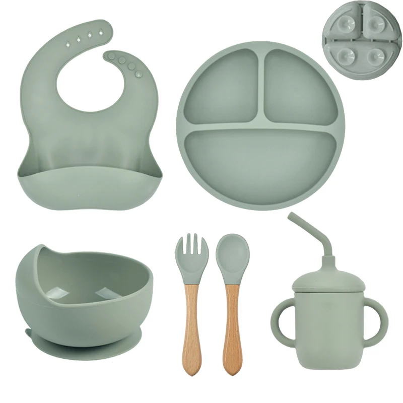 

4/5/6Pcs Baby Silicone Feeding Set Suction Bowl Divided Plate Wooden Handle Spoon Fork Silicone Bibs Children Tableware BPA Free