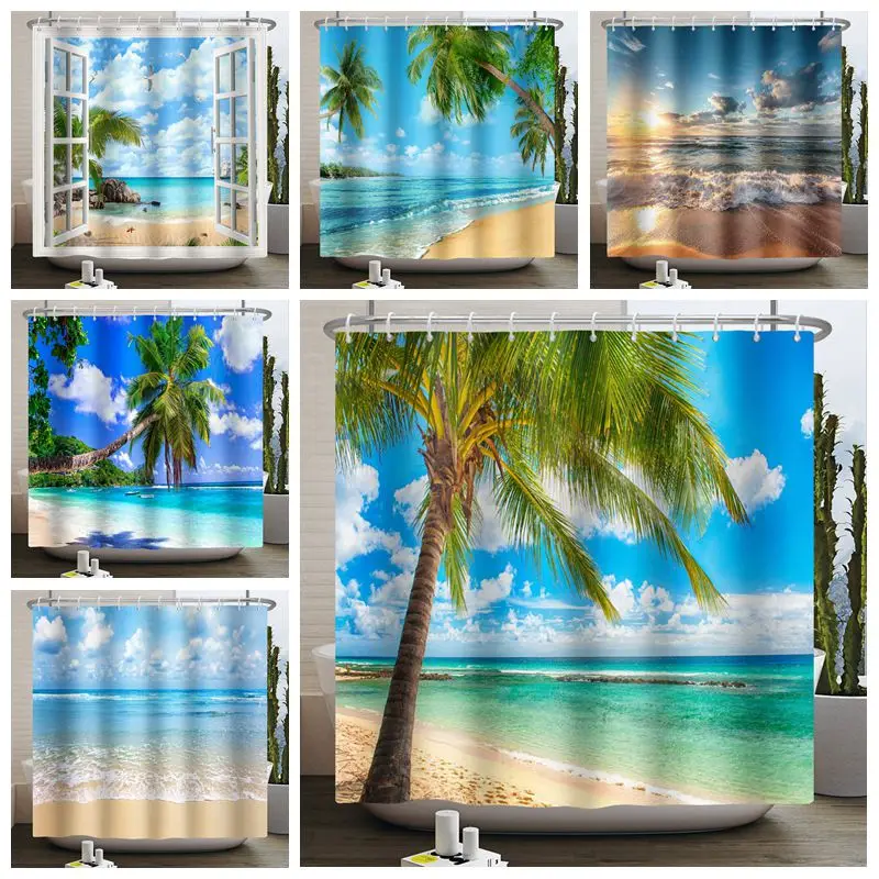 

Sea Beach Shower Curtain Summer Seaside Palm Tree Ocean Bathroom Curtain Hawaii Island Natural Scenery Waterproof Bath Curtains