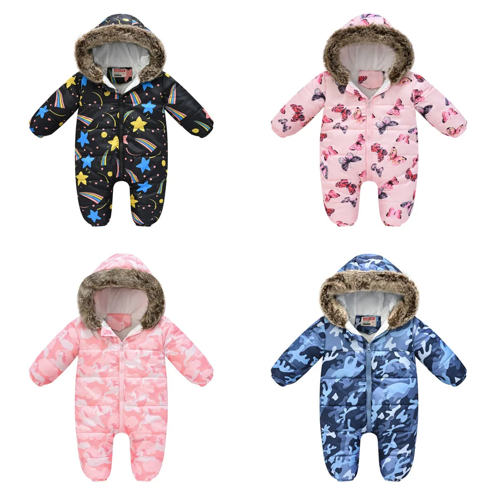 Winter New Keep Warm Baby Boy Baby Girl Clothes Fashion Multicolor Printing With Fur Collar Siamese Romper Cute Newborn Clothes