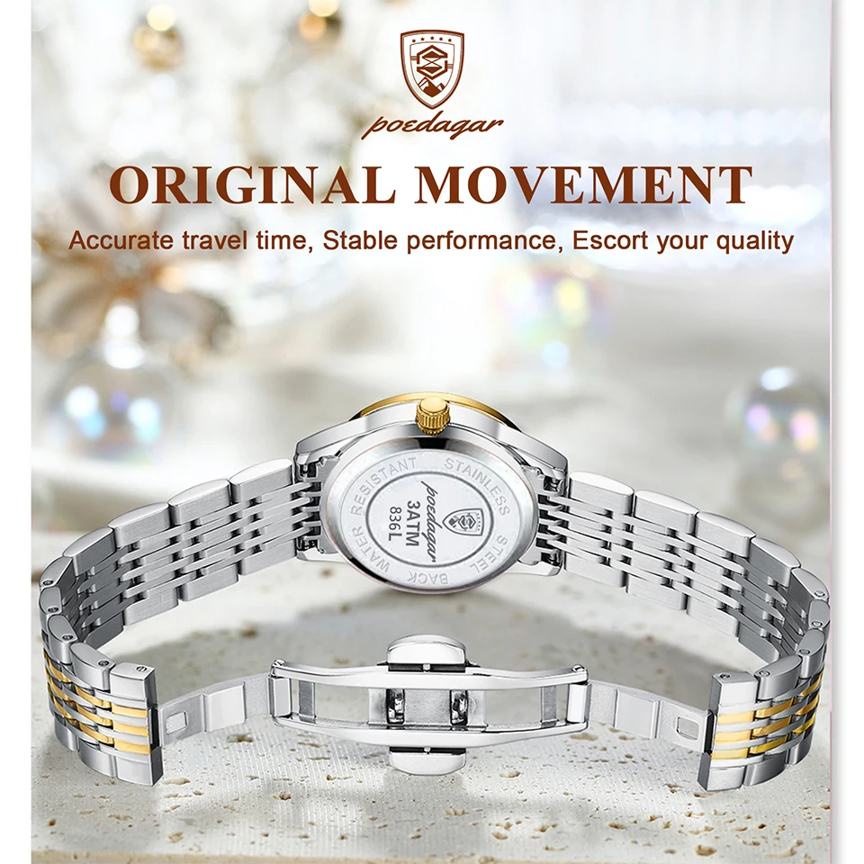POEDAGAR Ladies Wristwatch Luxury Waterproof Luminous Date Gold Watch For Women Dress Stainless Steel Quartz Women's Watches+Box