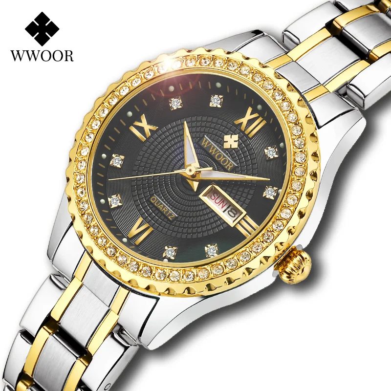 WWOOR-relojes de lujo con diamantes para mujer, pulsera de cuarzo, de acero inoxidable, regalo femenino