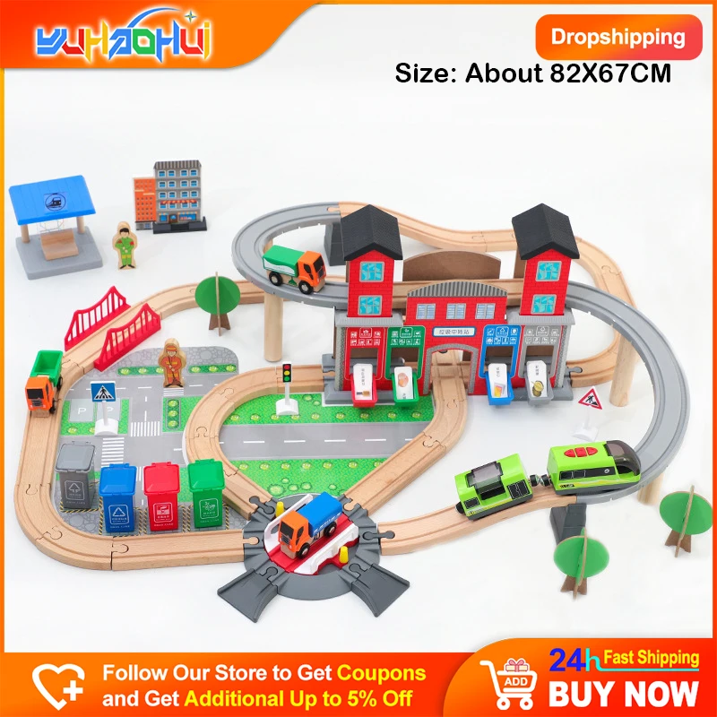 

Montessori Kids Wooden Track Set Toys Urban Clean Energy-Saving Life Daily Game Boys And Girls Electric Car DIY Assembly Toys